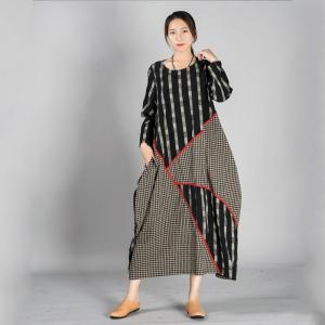 Loose-Fitting Gingham Folk Dress Long Sleeve Vintage Folk Abaya