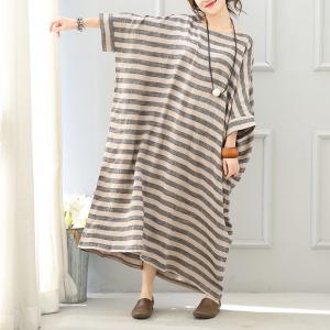 Casual Style Bat Sleeve Plus Size Maxi Dress Elegant Striped Caftan