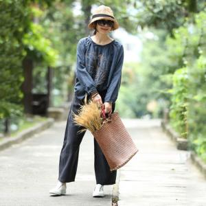 Autumn Fashion Linen Oversized T-shirt Beautiful Embroidered Top