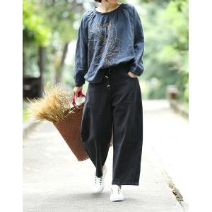 Autumn Fashion Linen Oversized T-shirt Beautiful Embroidered Top