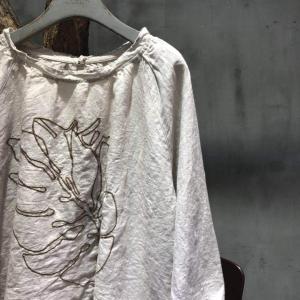 Autumn Fashion Linen Oversized T-shirt Beautiful Embroidered Top