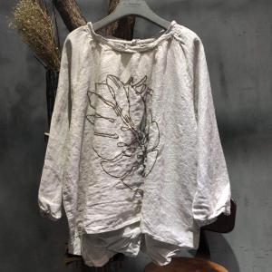 Autumn Fashion Linen Oversized T-shirt Beautiful Embroidered Top