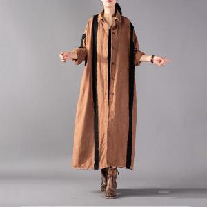 Black Stripes Linen Khaki Shirt Dress Loose Distressed Korean Cardigan