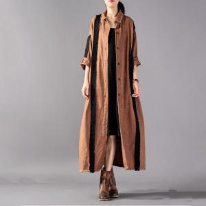 Black Stripes Linen Khaki Shirt Dress Loose Distressed Korean Cardigan