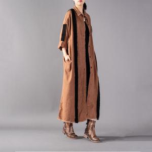 Black Stripes Linen Khaki Shirt Dress Loose Distressed Korean Cardigan