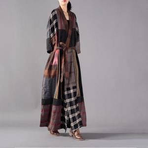 Colorful Plus Size Gingham Kimono Cotton Linen Designer Wrap Dress