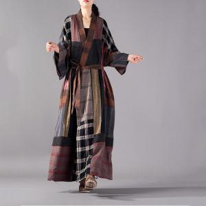 Colorful Plus Size Gingham Kimono Cotton Linen Designer Wrap Dress