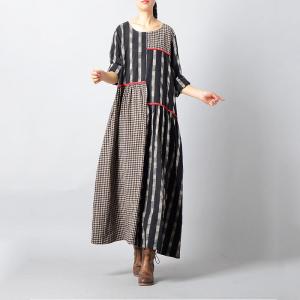 Korean Style Loose Gingham Dress Black Cotton Linen Dress