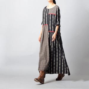Korean Style Loose Gingham Dress Black Cotton Linen Dress