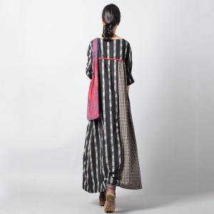 Korean Style Loose Gingham Dress Black Cotton Linen Dress