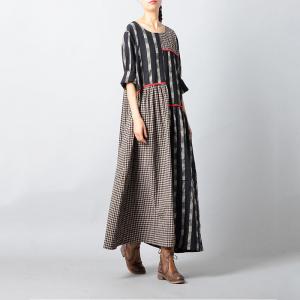 Korean Style Loose Gingham Dress Black Cotton Linen Dress