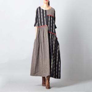 Korean Style Loose Gingham Dress Black Cotton Linen Dress