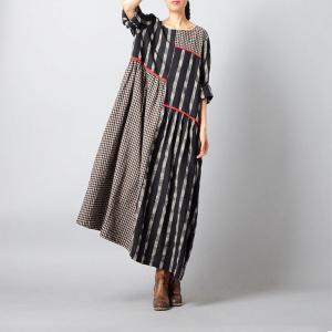 Korean Style Loose Gingham Dress Black Cotton Linen Dress