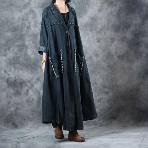 Big Pockets Black Trench Coat Autumn Large Tassel Black Cardigan