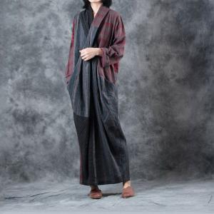 Contrast Color Back Slits Linen Maxi Dress Autumn Wrap Designer Dress