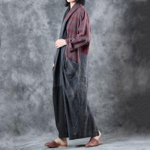 Contrast Color Back Slits Linen Maxi Dress Autumn Wrap Designer Dress