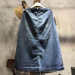 Korean Fashion Patchwork Denim Skirt Ripped A-Line Maxi Skirt