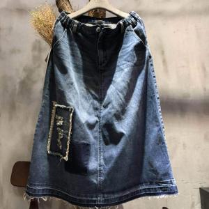 Korean Fashion Patchwork Denim Skirt Ripped A-Line Maxi Skirt