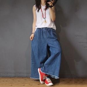 Street Style Raw Hem Wide Leg Jeans Blue Baggy Jeans for Woman