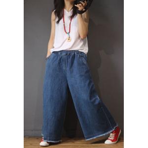 Street Style Raw Hem Wide Leg Jeans Blue Baggy Jeans for Woman