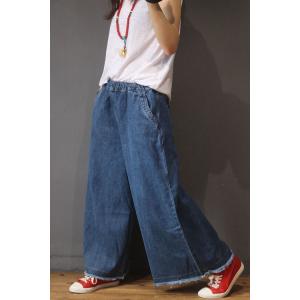 Street Style Raw Hem Wide Leg Jeans Blue Baggy Jeans for Woman