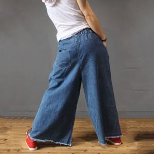 Street Style Raw Hem Wide Leg Jeans Blue Baggy Jeans for Woman