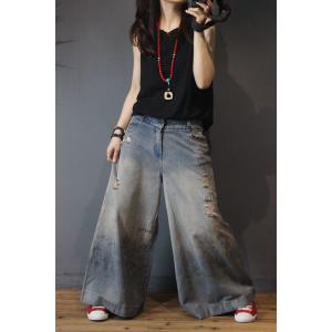 Vintage Printed Distressed Jeans Fashion Wide Leg Jeans