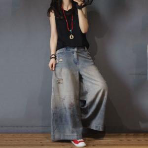 Vintage Printed Distressed Jeans Fashion Wide Leg Jeans