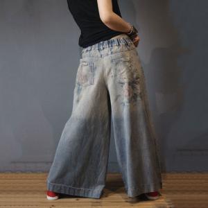 Vintage Printed Distressed Jeans Fashion Wide Leg Jeans