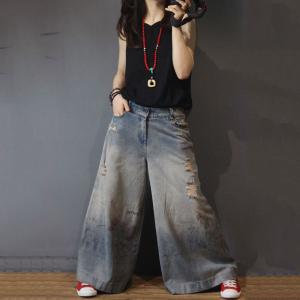 Vintage Printed Distressed Jeans Fashion Wide Leg Jeans