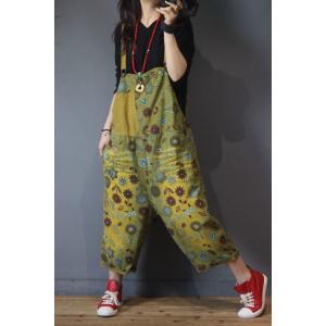 Patched Pocket Floral Jumpsuits Cotton Baggy Overall for Woman