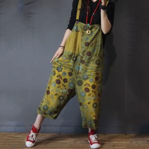 Patched Pocket Floral Jumpsuits Cotton Baggy Overall for Woman