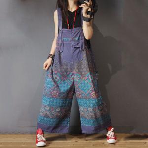 Folk Style Printed Cotton Overalls Loose Wide Leg Jumpsuits