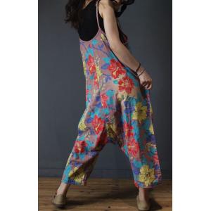 Flowers Printed Harem Jumpsuits Cotton Linen Baggy Womans Dungarees