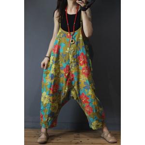 Flowers Printed Harem Jumpsuits Cotton Linen Baggy Womans Dungarees