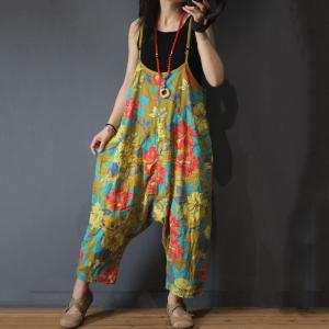 Flowers Printed Harem Jumpsuits Cotton Linen Baggy Womans Dungarees