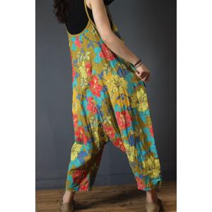 Flowers Printed Harem Jumpsuits Cotton Linen Baggy Womans Dungarees