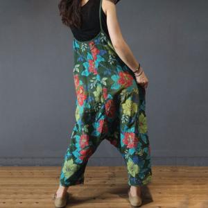 Flowers Printed Harem Jumpsuits Cotton Linen Baggy Womans Dungarees