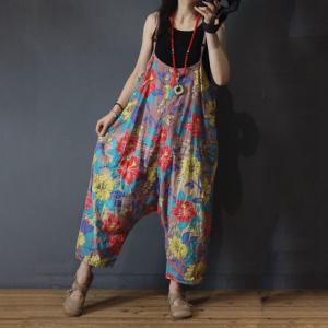 Flowers Printed Harem Jumpsuits Cotton Linen Baggy Womans Dungarees