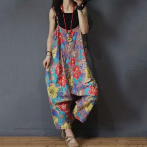 Flowers Printed Harem Jumpsuits Cotton Linen Baggy Womans Dungarees