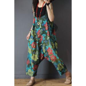 Flowers Printed Harem Jumpsuits Cotton Linen Baggy Womans Dungarees