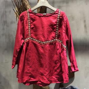 Chinese Style Embroidered T-shirt Loose Linen Tops