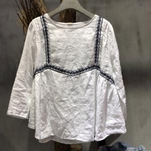 Chinese Style Embroidered T-shirt Loose Linen Tops