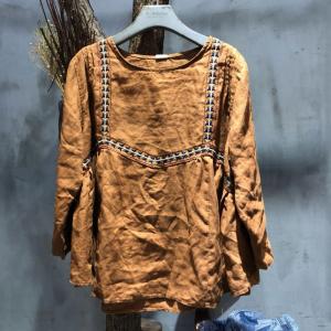 Chinese Style Embroidered T-shirt Loose Linen Tops