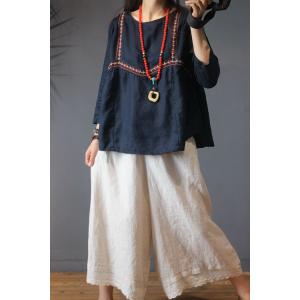 Chinese Style Embroidered T-shirt Loose Linen Tops