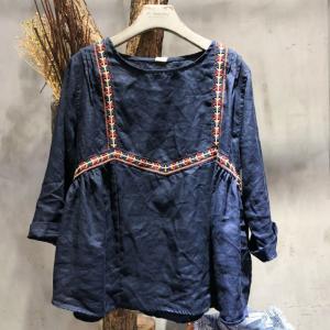 Chinese Style Embroidered T-shirt Loose Linen Tops