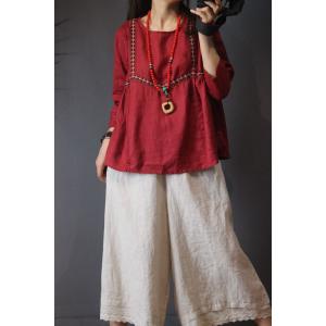 Chinese Style Embroidered T-shirt Loose Linen Tops