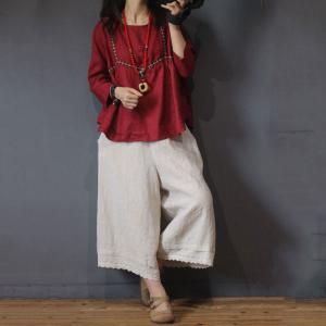 Chinese Style Embroidered T-shirt Loose Linen Tops