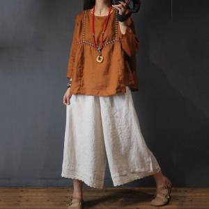 Chinese Style Embroidered T-shirt Loose Linen Tops