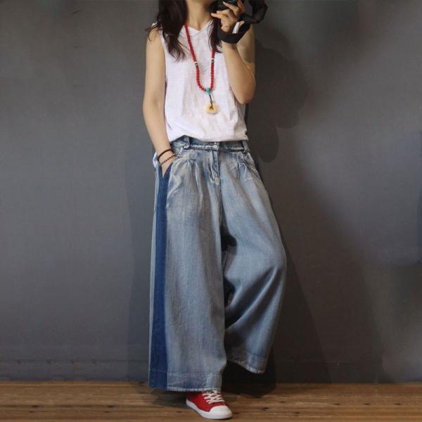 Blue Contrast Womans Denim Pants Korean Wide Leg Jeans